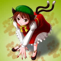Rule 34 | 1girl, animal ears, brown eyes, brown hair, cat ears, cat girl, cat tail, chen, earrings, fang, female focus, full body, gradient background, hat, jewelry, multiple tails, short hair, solo, tail, touhou, yoshio (yoshiwo0221)