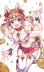 Rule 34 | 1girl, :d, animal ears, between breasts, bikini, bikini top only, blush, breasts, brown eyes, brown hair, chinese zodiac, cleavage, coin, collar, commentary request, confetti, dog ears, double ok sign, earrings, fang, flower knot, garter straps, highres, jewelry, medium breasts, microskirt, midriff, money, nail polish, navel, new year, ofuda, ok sign, open mouth, original, purple eyes, red collar, red footwear, red nails, red skirt, ribbon, rojiko, shide, shoes, sidelocks, skirt, smile, sneakers, solo, standing, standing on one leg, stripper, swimsuit, thighhighs, tucked money, twintails, white thighhighs, wrist cuffs, year of the dog, yen