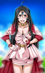 Rule 34 | 1girl, aa megami-sama, ahoge, bad id, bad pixiv id, black hair, blush, breasts, brown eyes, cleavage, clothes pull, dress pull, earrings, facial mark, forehead mark, gradient background, himeshima koukichi, jewelry, long hair, looking at viewer, necklace, skuld (aa megami-sama), solo