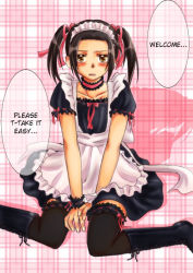 Rule 34 | 1boy, apron, axis powers hetalia, black hair, black thighhighs, blush, boots, brown eyes, china (hetalia), choker, cross-laced footwear, hair ribbon, hard-translated, lace-up boots, maid, maid apron, maid headdress, male focus, ribbon, sitting, solo, thighhighs, third-party edit, translated, trap, twintails, wariza, wrist cuffs