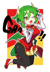 Rule 34 | 1girl, absurdres, black pants, breasts, china dress, chinese clothes, draco centauros, dress, elbow gloves, fang, gao, gloves, green eyes, green hair, grey eyes, highres, horns, medium breasts, offbeat, pants, pointy ears, puyopuyo, red dress, red footwear, short hair, solo, translation request, white gloves