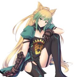 Rule 34 | 1girl, animal ears, atalanta (fate), black thighhighs, blonde hair, enchuu, fate/apocrypha, fate/grand order, fate (series), gauntlets, green eyes, green hair, highres, long hair, looking at viewer, multicolored hair, on one knee, smile, tail, thighhighs