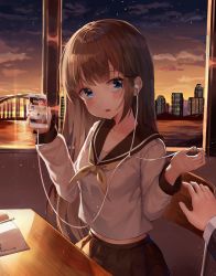 Rule 34 | 1girl, 1other, absurdres, black sailor collar, blue eyes, blunt bangs, blush, brown hair, cellphone, cityscape, commentary request, earphones, evening, hands up, highres, indoors, light particles, long hair, long sleeves, looking at another, looking to the side, neckerchief, open mouth, original, phone, pleated skirt, refile, sailor collar, school uniform, serafuku, shirt, single earphone removed, sitting, skirt, smartphone, solo focus, uniform, white shirt, window, yellow neckerchief