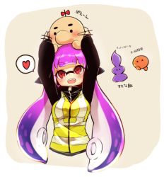 Rule 34 | 1girl, arms up, bad id, bad twitter id, black shirt, commentary request, conomi-c5, cropped torso, doseisan, fangs, fobby, headgear, heart, highres, holding, inkling, inkling girl, inkling player character, long hair, long sleeves, looking up, mother (game), mother 2, nintendo, open mouth, purple shirt, red eyes, shirt, simple background, smile, solo, splatoon (series), splatoon 1, spoken heart, squidbeak splatoon, standing, translation request, vest, white background, worthless protoplasm, yellow vest