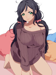 Rule 34 | 10s, 1girl, alternate hair color, bad id, bad pixiv id, bare shoulders, barefoot, black hair, breasts, collarbone, green eyes, highres, kneeling, large breasts, looking at viewer, love live!, love live! school idol festival, love live! school idol project, messy hair, mihatarou, off shoulder, pillow, ribbed sweater, smile, solo, sweater, tojo nozomi, twintails