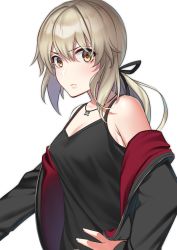 Rule 34 | 1girl, artoria pendragon (all), artoria pendragon (fate), black jacket, black ribbon, black shirt, blonde hair, breasts, cleavage, fate/stay night, fate (series), hair between eyes, hair ribbon, hand on own hip, jacket, jewelry, long hair, looking at viewer, medium breasts, necklace, off shoulder, official alternate costume, open clothes, open jacket, ponytail, ribbon, saber alter, saber alter (ver. shinjuku 1999) (fate), shirt, sideboob, simple background, sleeveless, sleeveless shirt, solo, sterilizedgauze-qhx, upper body, white background, yellow eyes