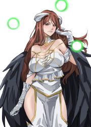 Rule 34 | 1girl, absurdres, adjusting hair, albedo (overlord), albedo (overlord) (cosplay), bare shoulders, black wings, breasts, brown eyes, brown hair, cerovein, closed mouth, commentary, commentary request, cosplay, demon horns, detached collar, dress, elbow gloves, energy, energy ball, english commentary, feathered wings, gloves, glowing, highres, hip vent, horns, large breasts, large wings, long hair, looking at viewer, low horns, low wings, mixed-language commentary, mugino shizuri, off-shoulder dress, off shoulder, overlord (maruyama), plasma, psychic, solo, strapless, strapless dress, toaru kagaku no railgun, toaru kagaku no railgun s, toaru majutsu no index, toaru majutsu no index: imaginary fest, white background, white dress, white gloves, white horns, wings