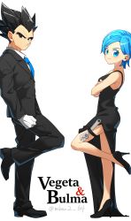 Rule 34 | 1boy, 1girl, bare arms, black dress, black eyes, black footwear, black hair, black jacket, black pants, blue eyes, blue hair, blue necktie, bulma, character name, closed mouth, collared shirt, crossed arms, dragon ball, dragonball z, dress, evening gown, expressionless, formal, from side, full body, gamubanku, gloves, high heels, highres, jacket, legs, long dress, long hair, looking at viewer, movie poster, mr. and mrs. smith, necktie, open clothes, open jacket, pant suit, pants, parody, parted bangs, pumps, shirt, short hair, side slit, sleeveless, sleeveless dress, smile, smug, spiked hair, standing, standing on one leg, suit, thigh strap, vegeta, white gloves, white shirt, wing collar