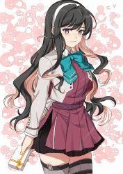 Rule 34 | 1girl, absurdres, aqua bow, arm behind back, black hair, blush, bow, box, dress, embarrassed, gift, gift box, grey thighhighs, grey vest, hairband, highres, holding, holding gift, kanmiya shinobu, kantai collection, long hair, looking at viewer, miniskirt, multicolored hair, naganami (kancolle), pink hair, purple dress, simple background, skirt, standing, thighhighs, vest, white hairband, yellow eyes