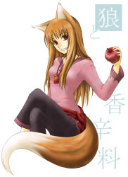 Rule 34 | 00s, 1girl, animal ears, apple, brown hair, food, fruit, holding, holding food, holding fruit, holo, kazu (pixiv8325), long hair, red eyes, solo, spice and wolf, tail, wolf ears, wolf tail