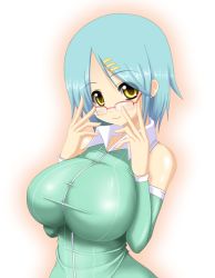 Rule 34 | 1girl, bare shoulders, blue hair, breasts, detached sleeves, glasses, hair ornament, hairclip, huge breasts, impossible clothes, impossible shirt, original, shirt, short hair, shuz (dodidu), smile, solo, tight shirt, yellow eyes