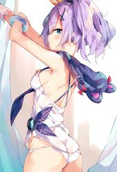 Rule 34 | 1girl, arms up, ass, azur lane, bare shoulders, black ribbon, blush, breasts, butt crack, camisole, closed mouth, commentary request, crown, green eyes, hair between eyes, hair ornament, hair ribbon, high ponytail, highres, javelin (azur lane), looking at viewer, looking to the side, medium breasts, mini crown, panties, ponytail, profile, purple hair, ribbon, sideboob, smile, solo, tilted headwear, unacchi (nyusankin), underwear, white camisole, white panties