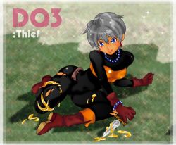 Rule 34 | 1girl, blue eyes, blush, bodysuit, boots, character name, chunsoft, copyright name, dragon quest, dragon quest iii, earrings, enix, gloves, jewelry, knife, lento, necklace, pink footwear, short hair, smile, solo, thief (dq3), torn clothes, white hair
