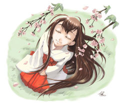 Rule 34 | 1girl, cherry blossoms, hakama, hakama skirt, japanese clothes, lowres, miko, red hakama, skirt, solo, yuu (yuyukaikan)