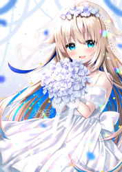 Rule 34 | 1girl, :d, bare shoulders, blonde hair, blue eyes, blue flower, blue hair, blue ribbon, blush, bouquet, bridal veil, collarbone, commentary request, detached sleeves, dress, flower, hair between eyes, hair flower, hair ornament, holding, holding bouquet, indie virtual youtuber, long hair, multicolored hair, open mouth, puffy short sleeves, puffy sleeves, ribbon, see-through, short sleeves, signature, smile, solo, strapless, strapless dress, two-tone hair, uchuuneko, uchuuneko (vtuber), veil, very long hair, virtual youtuber, wedding dress, white dress, white sleeves