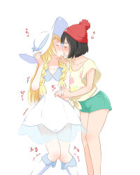 Rule 34 | 2girls, absurdres, black hair, blonde hair, blush, closed eyes, commentary request, couple, creatures (company), dress, game freak, grabbing another&#039;s chin, hair ribbon, hand on another&#039;s chin, hat, highres, holding hands, kiss, knees together feet apart, kurosawa karura, legs together, lillie (pokemon), long hair, multiple girls, nintendo, pokemon, pokemon sm, ribbon, selene (pokemon), shirt, short hair, shorts, simple background, sun hat, very long hair, white background, yuri