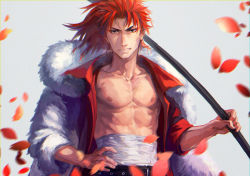 Rule 34 | 1boy, bad id, bad pixiv id, blouse, changye, coat, fate/extra, fate/grand order, fate (series), fur coat, hand on own hip, holding, holding polearm, holding weapon, leaf, li shuwen (fate), li shuwen (young) (fate), li shuwen (young) (third ascension) (fate), long hair, male focus, open clothes, open shirt, pectoral focus, pectorals, petals, polearm, ponytail, puffy chest, red eyes, red hair, sarashi, shirt, solo, weapon