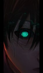 Rule 34 | 1boy, absurdres, artist name, black hair, black sclera, blue lock, close-up, closed mouth, colored sclera, commentary, crain1art, english commentary, eye focus, gears, glowing, glowing eyes, green eyes, highres, itoshi rin, looking at viewer, pillarboxed, portrait, solo, split crop, symbol-shaped pupils