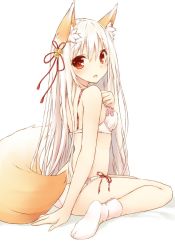 Rule 34 | 1girl, animal ear fluff, animal ears, arm support, bell, bra, floral print, fox ears, fox tail, from behind, hair ornament, hand on own chest, jingle bell, long hair, looking at viewer, looking back, open mouth, original, panties, red eyes, saeki touma, side-tie panties, simple background, sitting, smile, socks, solo, tail, underwear, underwear only, wariza, white background, white hair