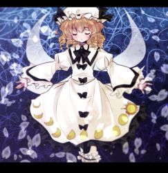 Rule 34 | 1girl, amo (shibu3), blonde hair, dress, closed eyes, female focus, hat, luna child, outstretched arms, plant, solo, touhou, white dress, wings