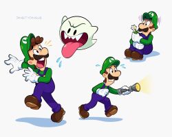 Rule 34 | 1boy, 1other, artist name, big nose, black eyes, boo (mario), brown hair, closed mouth, daisy, facial hair, flashlight, flower, gloves, green headwear, hat, highres, holding, holding flashlight, long sleeves, looking to the side, luigi, luigi&#039;s mansion, male focus, mario (series), mustache, nintendo, open mouth, panties, scared, shadow, sharp teeth, shoes, simple background, sitting, teeth, underwear, vinny (dingitydingus), white background, white gloves