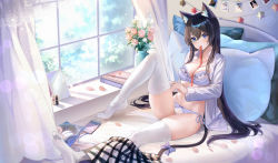 Rule 34 | 1girl, adjusting clothes, adjusting legwear, animal ear fluff, animal ear headphones, animal ears, between breasts, black hair, blue eyes, blush, bra, breasts, cat ear headphones, cat ears, cat girl, cat-shaped pillow, cat tail, cellphone, cleavage, collared shirt, commentary, commission, curtains, english commentary, fake animal ears, flower, headphones, headphones removed, highres, knee up, lims (neko2lims), long hair, looking at viewer, medium breasts, mouth hold, no shoes, on bed, open clothes, open shirt, original, panties, petals, phone, pillow, plaid, plaid skirt, plant, potted plant, purple bra, purple panties, purple ribbon, red ribbon, ribbon, ribbon in mouth, shirt, side-tie panties, sitting, skirt, skirt around one leg, smartphone, soles, solo, tail, tail ornament, tail ribbon, thighhighs, underwear, very long hair, white shirt, white skirt, white thighhighs, window
