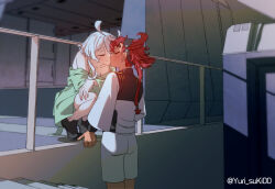 2girls asticassia_school_uniform black_footwear black_hairband blush closed_eyes closed_mouth commentary_request green_shirt gundam gundam_suisei_no_majo hairband highres indoors jacket kiss kissing_cheek long_hair long_sleeves miorine_rembran multiple_girls off_shoulder ponytail red_hair school_uniform shirt shorts squatting standing suletta_mercury thick_eyebrows twitter_username white_hair white_jacket white_shorts yuri yurisuki00