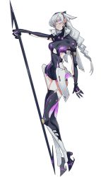 1girl black_gloves black_thighhighs braid gloves glowing glowing_eyes hair_behind_ear head_tilt holding long_hair looking_at_viewer mobius_(smc) official_art parted_lips purple_eyes silver_hair solo super_mecha_champions thighhighs transparent_background