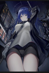 Rule 34 | 1girl, absurdres, arknights, arm up, between breasts, black coat, black shorts, blue eyes, blue hair, breasts, city, coat, commentary, cowboy shot, demon horns, detached wings, from below, gloves, halo, highres, holding, holding staff, horns, long hair, looking at viewer, medium breasts, midriff peek, mostima (arknights), night, night sky, open clothes, open coat, outdoors, parted lips, r oot, shirt, short shorts, shorts, sky, smile, solo, staff, standing, strap between breasts, thigh gap, thighs, white gloves, white shirt, wings