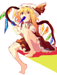 Rule 34 | 1girl, ajiko ajio, bad id, bad pixiv id, barefoot, blonde hair, female focus, flandre scarlet, hat, long hair, mouth hold, red eyes, side ponytail, sitting, sketch, solo, touhou, wings, wrist cuffs
