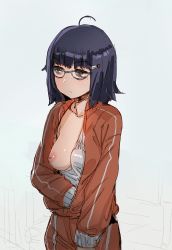 Rule 34 | ahoge, blouse, blush, bow (bhp), breasts, closed mouth, flashing, glasses, grey background, hair ornament, hairclip, inverted nipples, jacket, long sleeves, medium breasts, mole, mole under eye, nipples, one breast out, oppai challenge, original, pants, purple hair, red jacket, red pants, shirt, short hair, solo, standing, track suit, white shirt