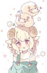 Rule 34 | 1girl, :d, animal, animal ears, animal on head, blonde hair, commentary, crescent, crescent hair ornament, curled horns, hair ornament, highres, horns, looking at viewer, on head, open mouth, original, overalls, pennant, red eyes, sheep, sheep ears, sheep girl, sheep horns, shirt, short eyebrows, simple background, smile, solo, star (symbol), starry background, strap slip, symbol-only commentary, thick eyebrows, tsukiyo (skymint), upper body, white background, white shirt