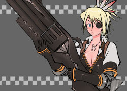 Rule 34 | 1girl, armor, blonde hair, blue eyes, breasts, capcom, character request, cleavage, eyepatch, g-room honten, gloves, gun, hair ornament, handgun, huge weapon, japanese armor, jewelry, kote, large breasts, lips, monster hunter (series), necklace, puckered lips, revolver, short hair, solo, weapon