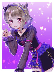 Rule 34 | 1girl, birthday, breasts, collarbone, commentary request, grey hair, looking at viewer, love live!, love live! nijigasaki high school idol club, nakasu kasumi, purple background, purple nails, red eyes, short hair, small breasts, solo, tongue, tongue out, upper body, wal---dg7sdr-0128
