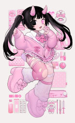 1girl absurdres black_hair bow boxcutter cellphone commentary full_body heterochromia highres holding holding_phone horns long_hair looking_at_viewer mino_(kirarayakubou) oni original phone pill pink_footwear pink_theme self-harm_scar shoes skirt smartphone stuffed_animal stuffed_toy symbol-only_commentary syringe thighhighs twintails yami_kawaii zettai_ryouiki