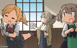 Rule 34 | 3girls, blonde hair, blush, bow, brown hair, bucket, cleaning, closed eyes, dancing, double bun, drill hair, gloves, hair between eyes, hair bun, hair ornament, hair ribbon, hakama, hakama skirt, hamu koutarou, hatakaze (kancolle), highres, japanese clothes, kantai collection, kimono, light brown hair, long hair, long sleeves, looking at viewer, maikaze (kancolle), meiji schoolgirl uniform, michishio (kancolle), multiple girls, one-hour drawing challenge, open mouth, parted bangs, pleated skirt, ponytail, ribbon, school uniform, shirt, short hair, short sleeves, short twintails, skirt, smile, twintails, vest, white gloves, yellow kimono