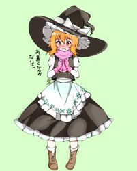Rule 34 | 1girl, apron, blonde hair, blush, boots, clenched hands, d:, d:&lt;, gloves, hat, hidden star in four seasons, juliet sleeves, kirisame marisa, large hat, long hair, long sleeves, looking at viewer, marikichi aniki, nose blush, open mouth, pink gloves, pink scarf, puffy sleeves, red eyes, scarf, skirt, skirt set, solo, sweat, touhou, translated, v-shaped eyebrows, vest, waist apron, witch hat