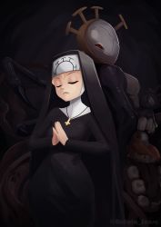 Rule 34 | 1girl, absurdres, black dress, blonde hair, closed eyes, closed mouth, cross, cross necklace, double (skullgirls), dress, eldritch abomination, facing viewer, highres, inverted cross, jewelry, long sleeves, looking at viewer, necklace, nun, praying, red eyes, rolleta sousa, skullgirls, standing, traditional nun, twitter username