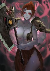 Rule 34 | 1girl, axe, citemer, gender request, genderswap, highres, league of legends, liuruoyu8888, looking at viewer, red eyes, red hair, sion (league of legends), skull, solo, spirit, topless, weapon, zombie