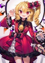 Rule 34 | 1girl, :d, alternate costume, ascot, bag, black shirt, blonde hair, bow, coffin, commentary request, cross, crystal, dress, fangs, feet out of frame, flandre scarlet, frilled sleeves, frills, gunjou row, hair between eyes, hair bow, halloween costume, handbag, hands up, highres, latin cross, long hair, long sleeves, looking at viewer, nail polish, no headwear, one side up, open mouth, purple nails, red bow, red dress, red eyes, red nails, shirt, smile, solo, touhou, wings, yellow ascot