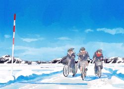 Rule 34 | 3girls, absurdres, bicycle, black hair, blue sky, highres, long hair, multiple girls, original, outdoors, ponytail, riding, riding bicycle, sawa (user uwkv3554), scarf, scenery, school uniform, sky, smile, snow, winter, winter clothes