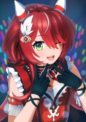 Rule 34 | 1girl, animal ears, blurry, blurry background, breasts, double v, gloves, green eyes, hair ornament, highres, horse ears, horse girl, long hair, looking at viewer, low twintails, noshiro pixv, one eye closed, open mouth, portrait, red hair, small breasts, solo, twintails, umamusume, v, win variation (umamusume)