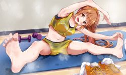 Rule 34 | 1girl, arm up, armpits, artist request, blush, brown eyes, brown hair, exercising, feet, highres, idolmaster, idolmaster cinderella girls, long hair, open mouth, shoes, unworn shoes, socks, soles, solo, steaming body, sweat, toes, wakabayashi tomoka