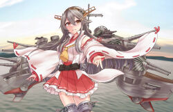 Rule 34 | 1girl, boots, breasts, brown eyes, cannon, detached sleeves, frilled skirt, frills, grey hair, hair between eyes, hair ornament, hairband, hairclip, haruna (kancolle), haruna kai ni (kancolle), headgear, highres, ichimai (apieceof ray151), japanese clothes, kantai collection, long hair, medium breasts, nontraditional miko, red skirt, ribbon-trimmed sleeves, ribbon trim, rigging, skirt, smokestack, solo, thigh boots, turret, wide sleeves