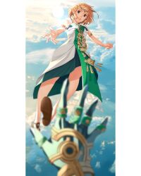 Rule 34 | 1boy, 1girl, absurdres, armlet, bare shoulders, blonde hair, braid, cloud, commentary, crown braid, dress, earrings, english commentary, green eyes, grin, highres, jewelry, link, lips, looking at viewer, nintendo, out of frame, outdoors, parted lips, pink lips, pointy ears, princess zelda, reaching, reaching towards viewer, sandals, short hair, sky, smile, strapless, strapless dress, teardrop facial mark, the legend of zelda, the legend of zelda: tears of the kingdom, wanderstillart