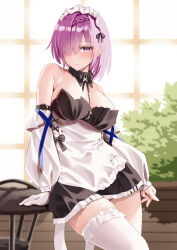 Rule 34 | 1girl, absurdres, arm support, asymmetrical legwear, azur lane, bare shoulders, black dress, bob cut, braid, breasts, classic (zildjian33), detached sleeves, dress, gloves, hair over one eye, highres, large breasts, looking at viewer, maid, maid headdress, official alternate costume, penelope (azur lane), penelope (salty maid) (azur lane), purple eyes, purple hair, round table, short hair, single thighhigh, solo, standing, table, thighhighs, white gloves, white thighhighs