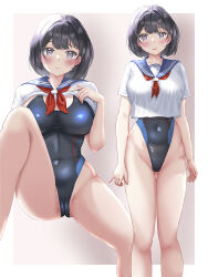 Rule 34 | 1girl, black hair, blush, breasts, brown eyes, clothes lift, competition swimsuit, covered navel, highleg, highleg swimsuit, large breasts, mashinatsu, multiple views, no pants, one-piece swimsuit, original, sailor collar, school uniform, serafuku, shirt lift, short hair, simple background, solo, swimsuit, swimsuit under clothes