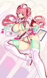 Rule 34 | 1girl, bikini, blue eyes, blush, boots, bow, breasts, condom, condom wrapper, cosplay, fate (series), florence nightingale (fate), florence nightingale (fate) (cosplay), florence nightingale (trick or treatment) (fate), florence nightingale (trick or treatment) (fate) (cosplay), garter straps, gloves, green gloves, green thighhighs, hair ribbon, haramura nodoka, hat, highres, kiyama satoshi, knee boots, large breasts, latex, latex gloves, looking at viewer, lying, md5 mismatch, navel, nurse, nurse cap, official alternate costume, on side, parted lips, pink hair, red bow, resolution mismatch, revealing clothes, ribbon, rubber gloves, saki (manga), shiny clothes, shiny skin, short hair, short sleeves, shrug (clothing), solo, source smaller, stethoscope, swimsuit, thighhighs, twintails