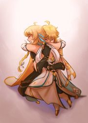 Rule 34 | 1boy, 1girl, aether (genshin impact), blonde hair, brother and sister, chalseu, crying, crying with eyes closed, dress, feathers, genshin impact, gloves, highres, hug, long hair, lumine (genshin impact), short hair, siblings, tears, twins