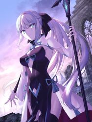 Rule 34 | 1girl, armpits, blonde hair, bodysuit, braid, breasts, dutch angle, expressionless, fate/grand order, fate (series), french braid, from below, highres, long hair, looking at viewer, medium breasts, morgan le fay (fate), outdoors, platinum blonde hair, ruins, shaded face, solo, staff, tamitami, thighhighs, thighs